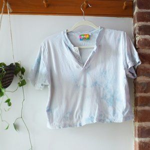 Big Bud Press Crop Top Henley in Tie-Dye Blue
